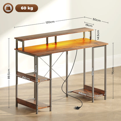 Computer desk with raised shelf, side storage shelves, and 120 cm wide desktop