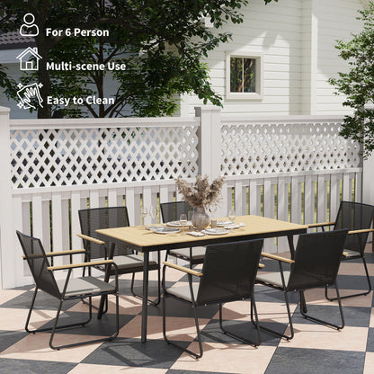 Outsunny six-seat dining set arranged outdoors with tableware on the light wood-look tabletop
