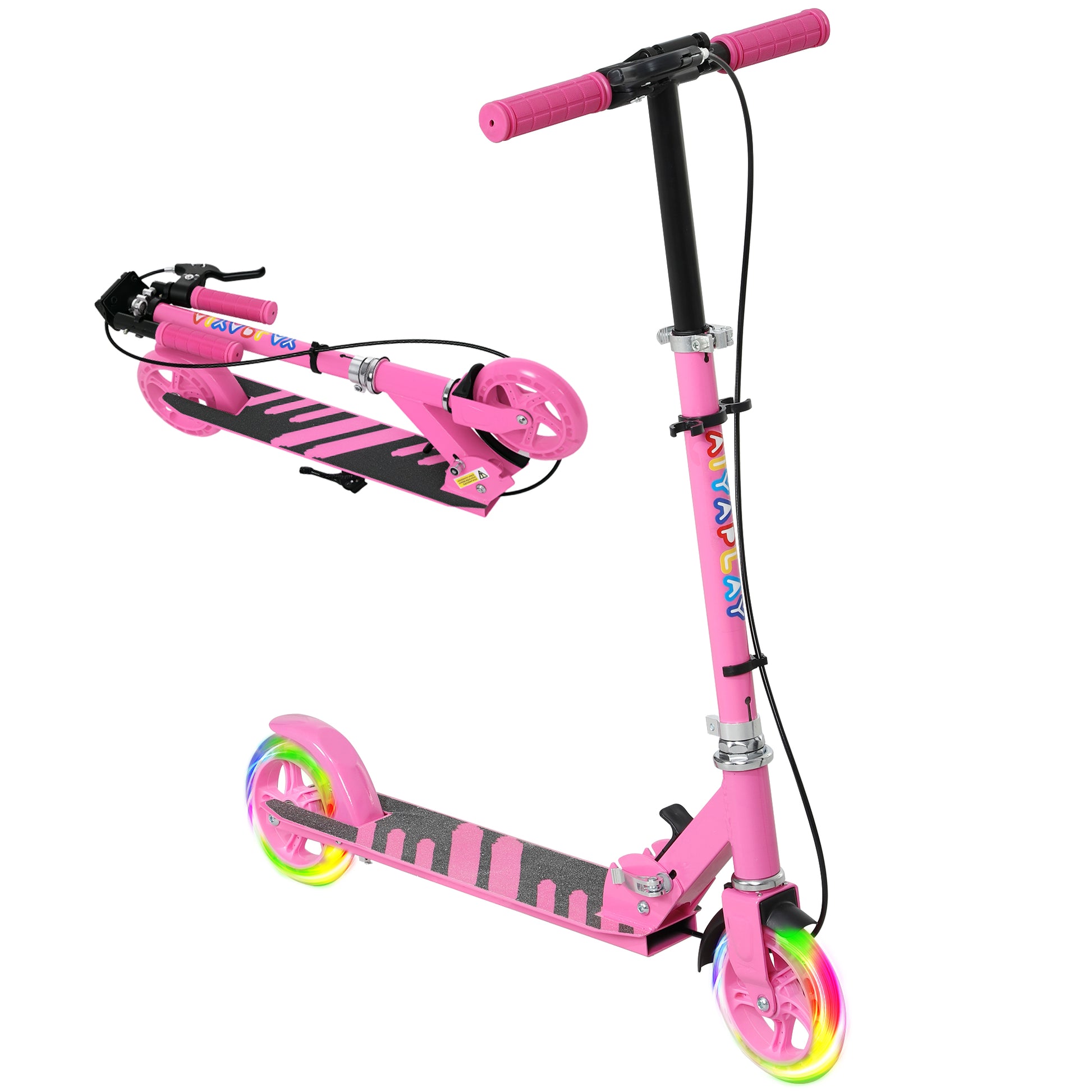 Photo of AIYAPLAY Scooter for Kids Aged 3-8 Years, with Adjustable Handle, Two Light Up Wheels, Handbrake, Rear Brake, Pink in Pink colour on a white background