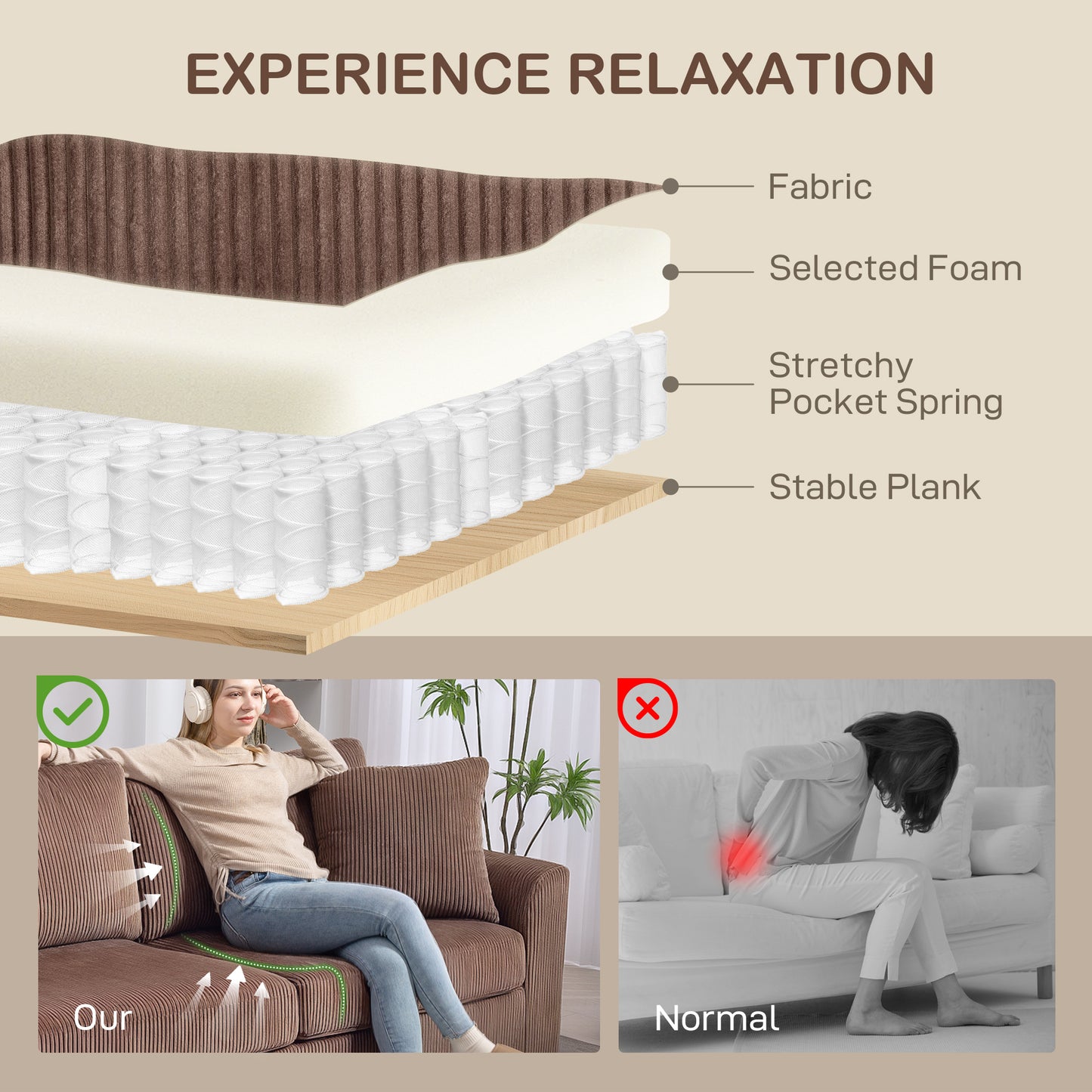 HOMCOM 3 Seater Sofa, 212cm Corduroy Couch with Spring Cushion, Wide and Deep Seat, Plush Backrest, 2 Pillows, Sofa Settee for Living Room, Home Office, Coffee