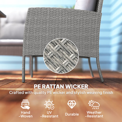 Close-up of the grey hand-woven PE rattan armchair frame