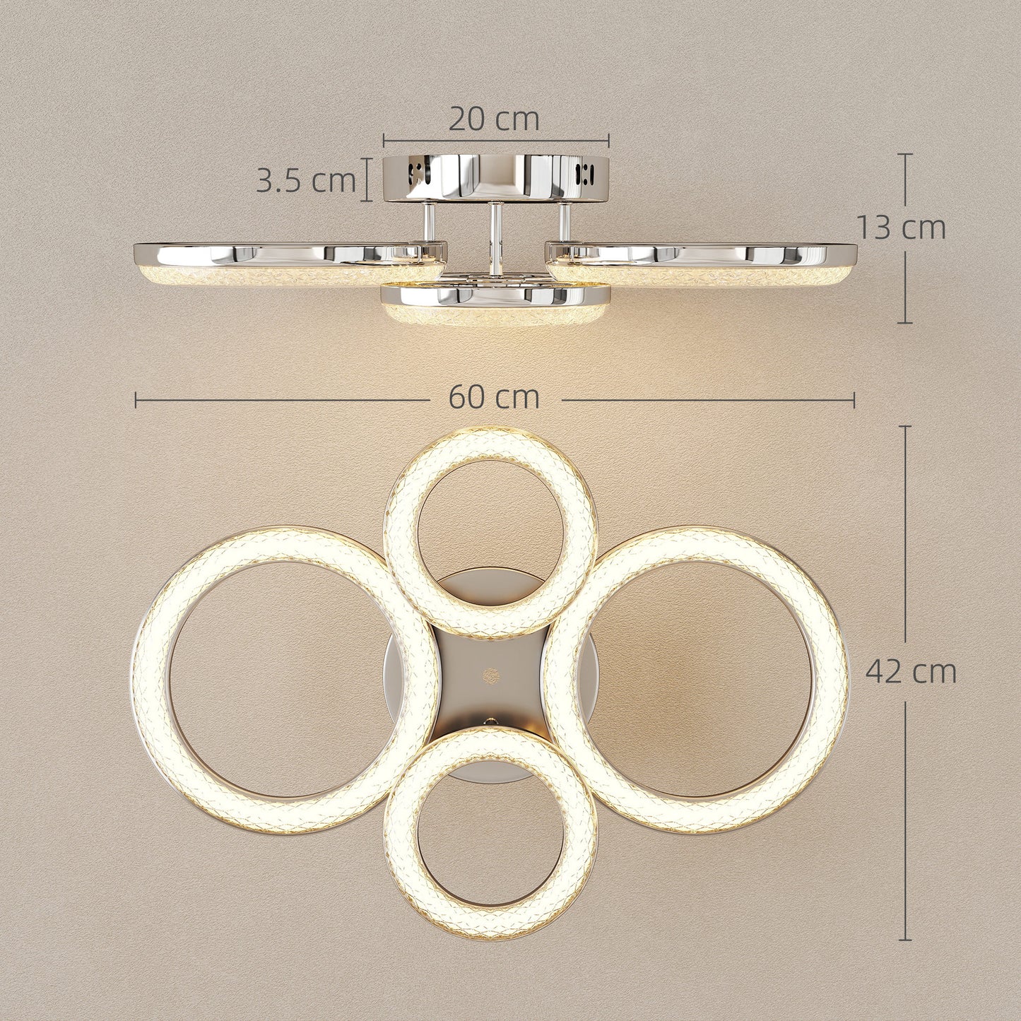HOMCOM 4-Ring LED Ceiling Light, Flush Mount Ceiling Light with 3 Colour Temperatures, Silver Tone