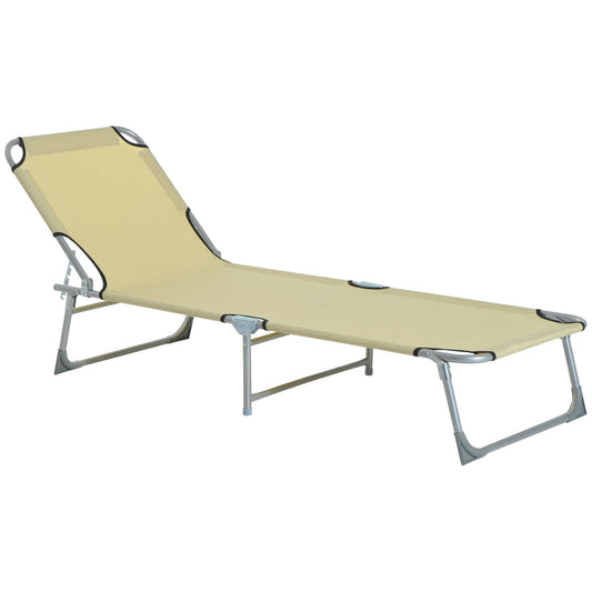 Photo of Outsunny Reclining Sun Lounger Chair Folding Camping Bed with 4-Position Adjustable Backrest, for Travel Indoor Outdoor Office Fishing, Beige in Beige colour on a white background
