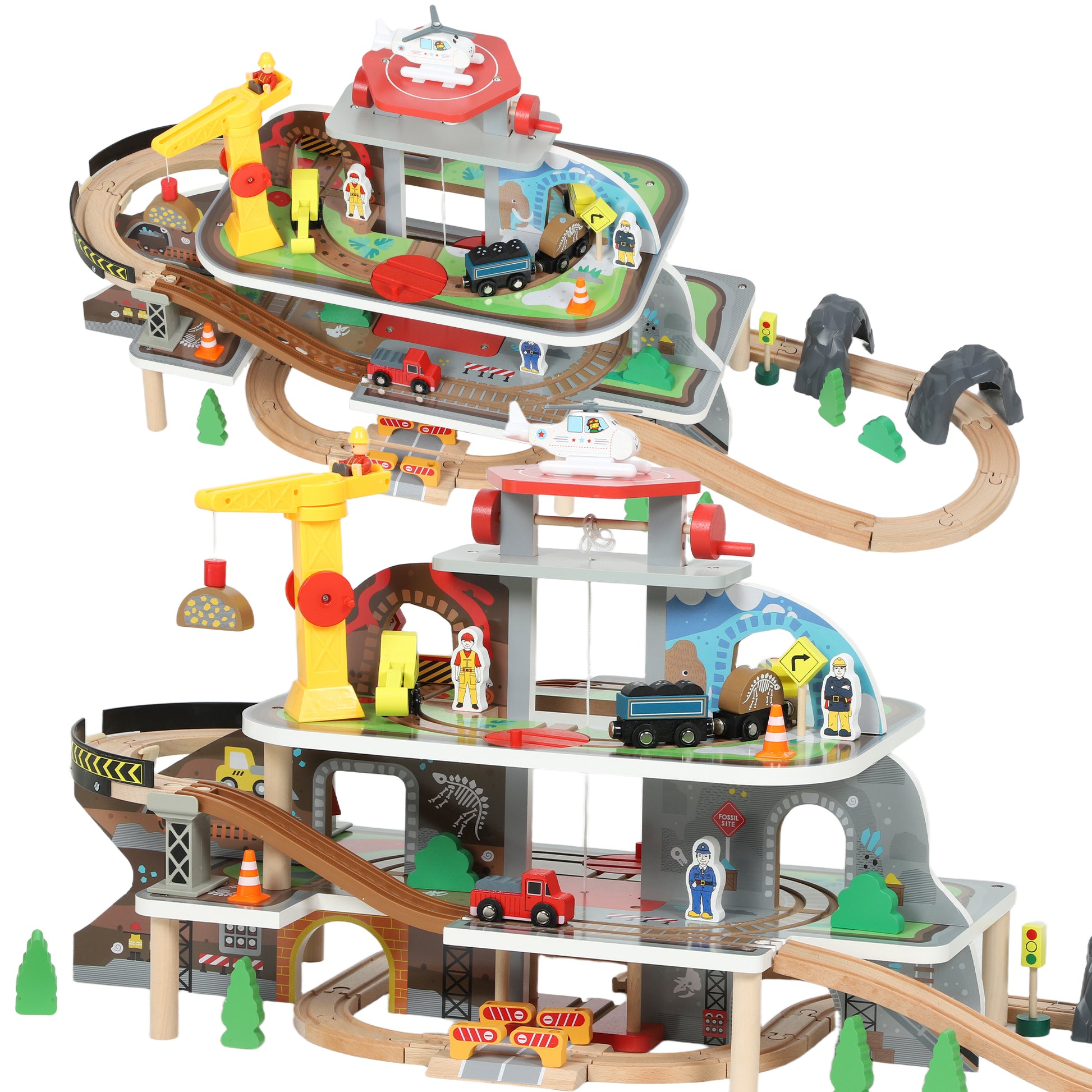 Photo of AIYAPLAY 79 Piece Wooden Train Set, Kids Train Track Mine Themed with Crane, Helicopter in Helicopter colour on a white background