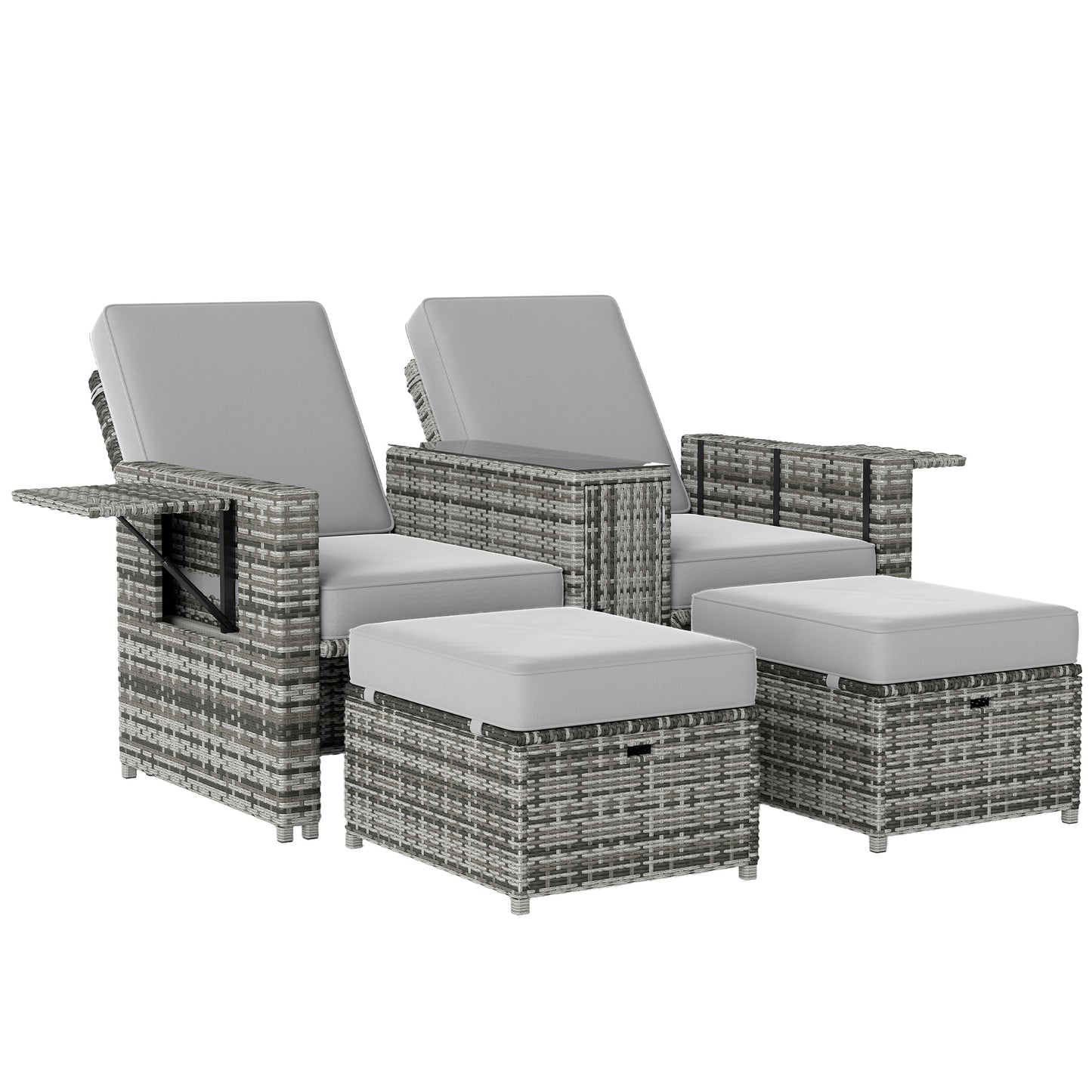 Photo of Outsunny Rattan Sun Lounger w/ Storage Tea Table & Footstools, Grey in Grey colour on a white background