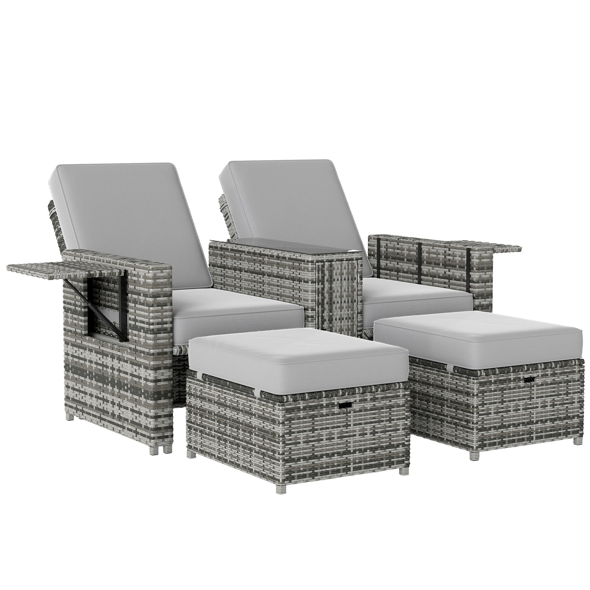 Photo of Outsunny Rattan Sun Lounger w/ Storage Tea Table & Footstools, Grey in Grey colour on a white background