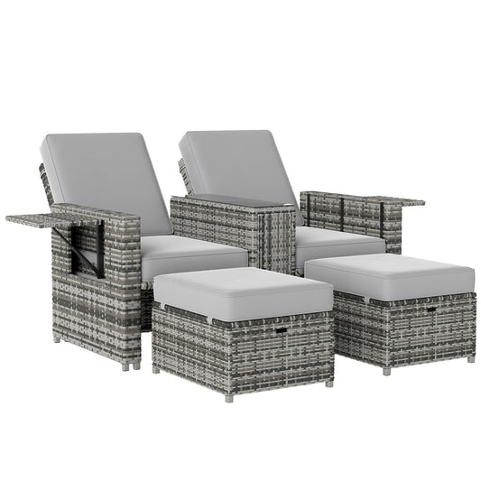 Photo of Outsunny Rattan Sun Lounger w/ Storage Tea Table & Footstools, Grey in Grey colour on a white background