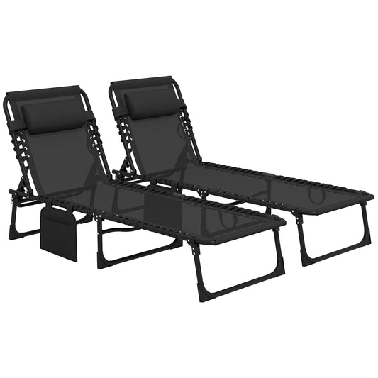 Photo of Outsunny Portable Sun Lounger Set of 2, Folding Camping Bed Cot, Reclining Lounge Chair 5-position Adjustable Backrest with Side Pocket, Pillow for Patio Garden Beach Pool, Black in Black colour on a white background