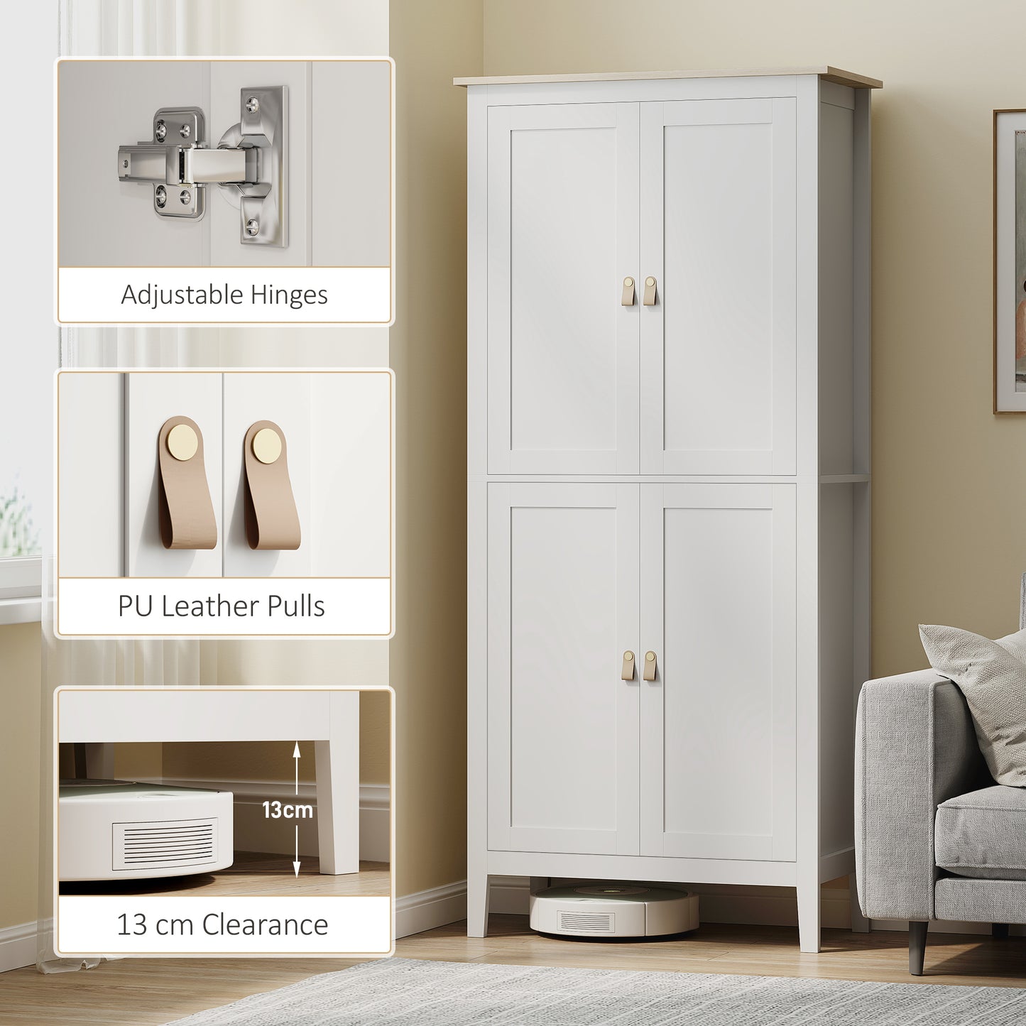 HOMCOM 176.5 cm Tall Pantry Cupboard with Motion Sensor LED Light - White