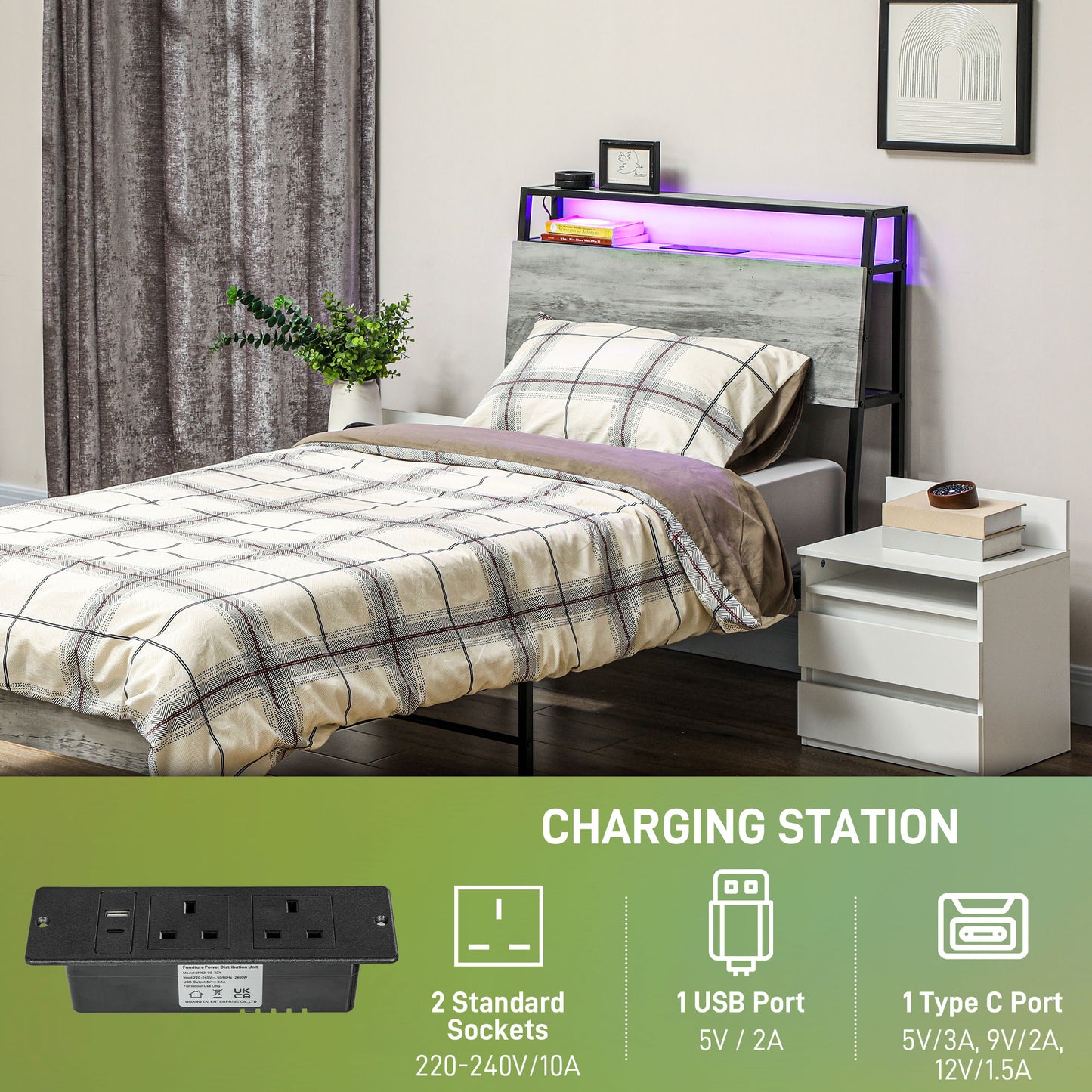 HOMCOM Single Steel Bed Frame, with LED Lights and Shelf - Grey