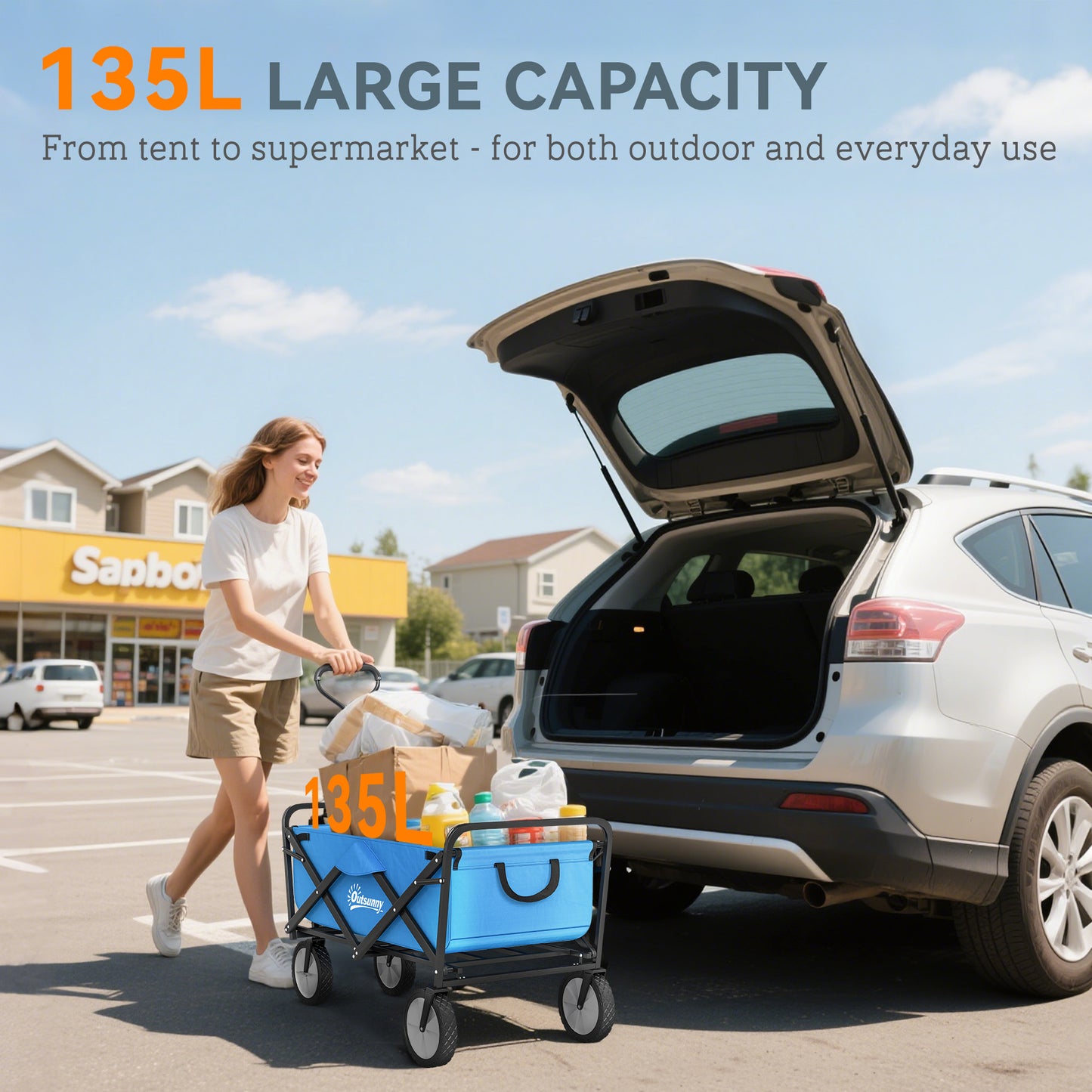 Outsunny 135L Festival Trolley on Wheels, Folding Wagon Camping Trolley Cart with Adjustable Handle, Dual Brakes, Portable Wagon Cart for Outdoor, Garden, Shopping, Fishing, Blue