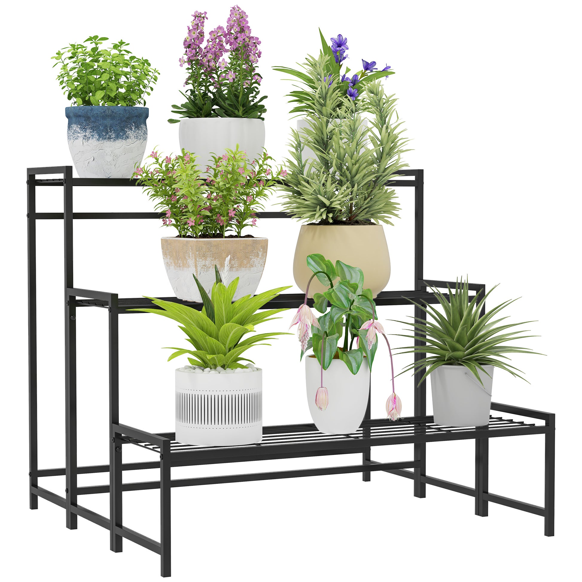Photo of Outsunny Three-Tier Metal Plant Shelf - Black in Black colour on a white background