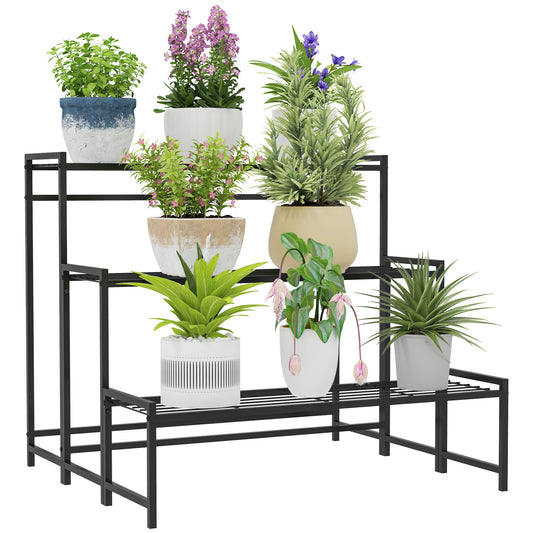 Photo of Outsunny Three-Tier Metal Plant Shelf - Black in Black colour on a white background