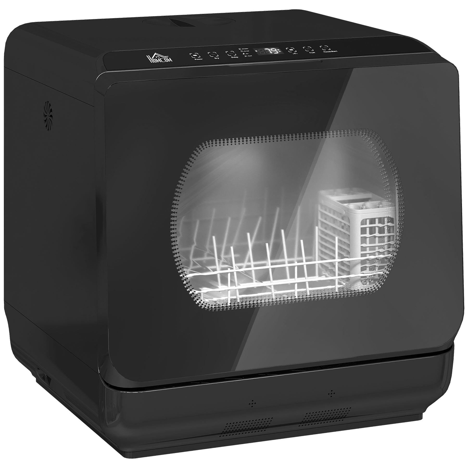 Photo of HOMCOM Table Top Dishwasher with Built-in 6L Water Tank, Mini Countertop Dishwasher with 6 Programs, 4 Place Settings, Black in Black colour on a white background