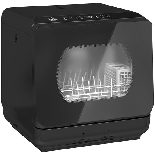Photo of HOMCOM Table Top Dishwasher with Built-in 6L Water Tank, Mini Countertop Dishwasher with 6 Programs, 4 Place Settings, Black in Black colour on a white background