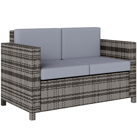 Photo of Outsunny Rattan Sofa, 2 Seater Garden Furniture with Soft Padded Cushion and Armrests, Wicker Garden Loveseat for Patio, Mixed Grey in Grey colour on a white background