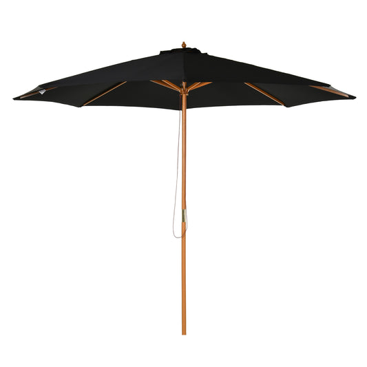 Photo of Outsunny 3(m) Garden Parasol, Pulley Operated Patio Umbrella, Wooden Table Market Umbrella with Rope Pulley Mechanism and 8 Ribs, Black in Black colour on a white background