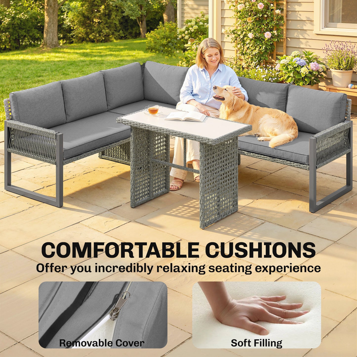 Outsunny 6 Seater Rattan Garden Furniture Set with 3 Loveseats, Table, Patio Rattan Corner Sofa Set, Grey
