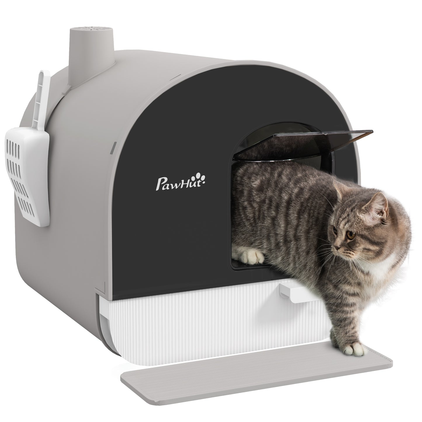 Photo of PawHut Hooded Cat Litter Box, Kitten Litter Tray, with Lid, Scoop, Filter, Flap Door, Light Grey in Grey colour on a white background