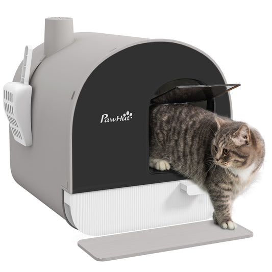 Photo of PawHut Hooded Cat Litter Box, Kitten Litter Tray, with Lid, Scoop, Filter, Flap Door, Light Grey in Grey colour on a white background