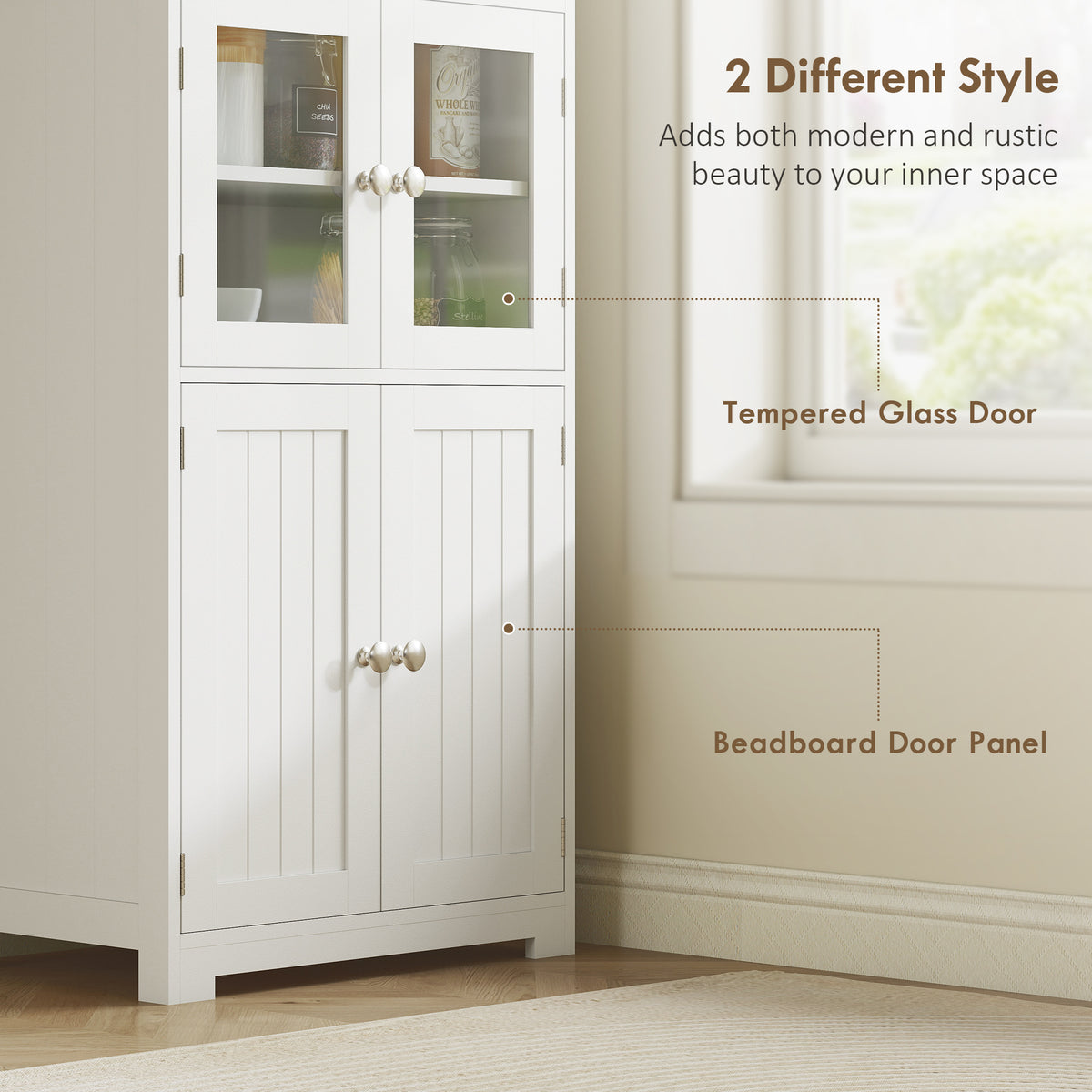 White four-door cupboard with glass upper doors and beadboard lower panels.