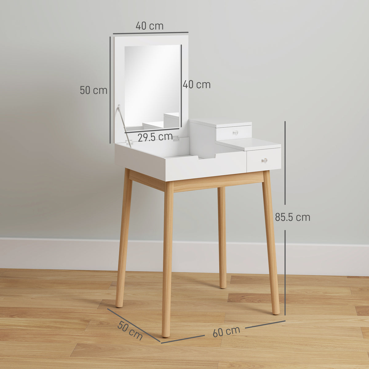 Vanity table with mirror, drawers, pine legs, and labeled dimensions