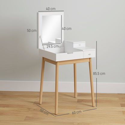 Vanity table with mirror, drawers, pine legs, and labeled dimensions
