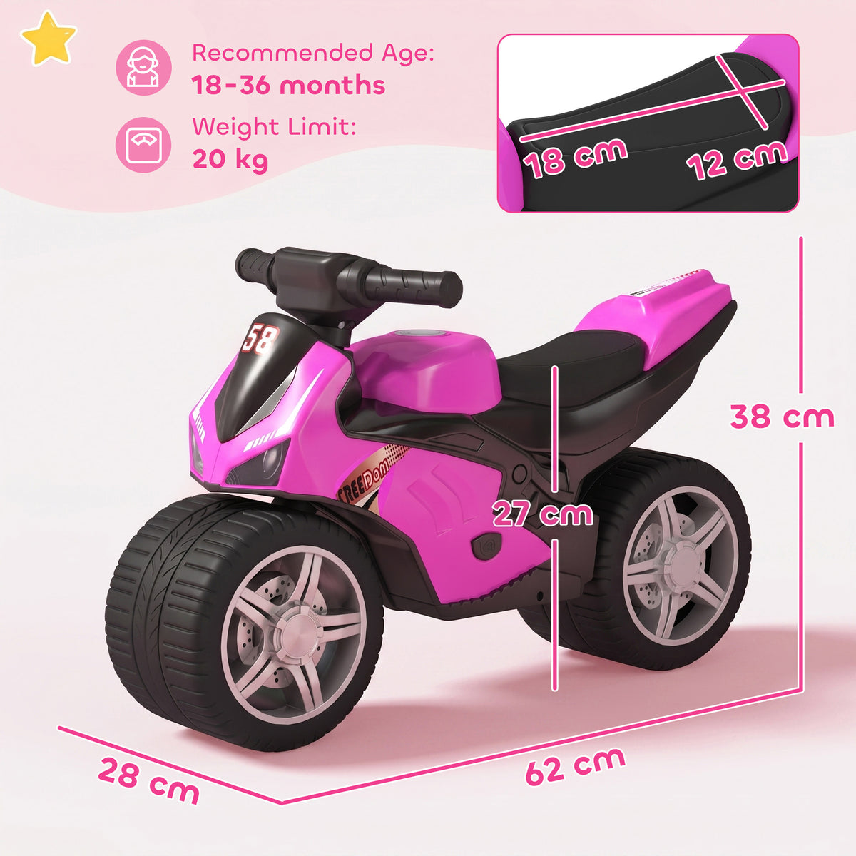 AIYAPLAY Balance Bike with Music Extra-Wide Wheels Toddler Bike for Boys Girls Pink