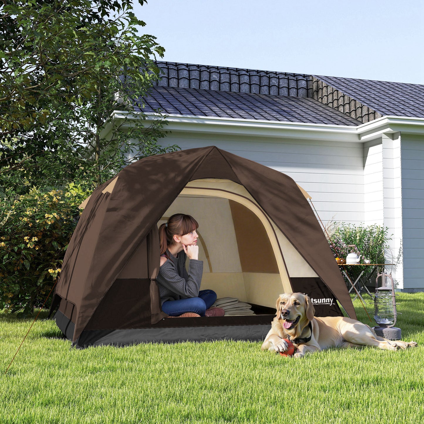 Outsunny 3-4 Person Camping Tent, Easy Set Up 3-4 Man Tent w/ Sewn-in Groundsheet, Waterproof Dome Tent w/ Mesh Windows, Brown