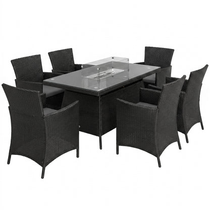 Outsunny seven-piece black rattan dining set with six chairs and a rectangular fire pit table
