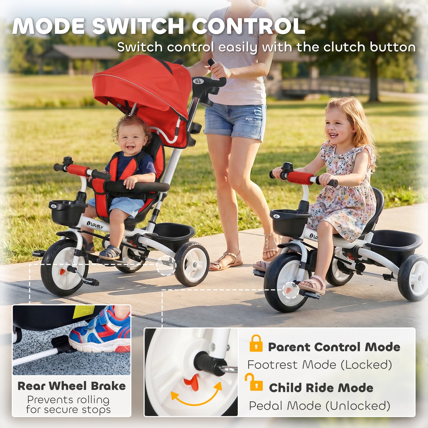 HOMCOM Metal Frame 6 in 1 Baby Push Tricycle with Parent Handle for 1-5 Years Old, Red