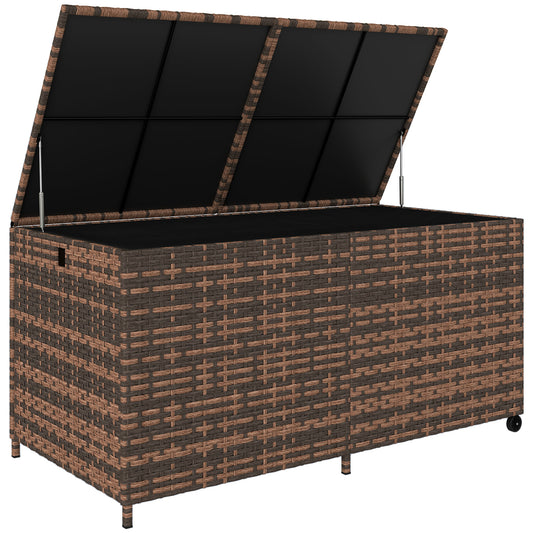 Photo of Outsunny 650L Garden Storage Box with 2 Wheels, Rattan Deck Box with Waterproof Zipped Liner, Safe Pneumatic Rods, Mixed Brown in Brown colour on a white background