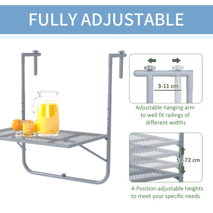 Adjustable grey hanging table with a grid top and height settings from 52 to 72 cm