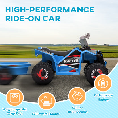 Blue ride-on quad bike with rear trailer, rechargeable battery, and 6V motor.