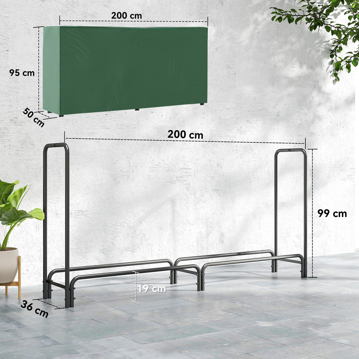 Outsunny firewood rack frame and detached green cover, with dimensions marked
