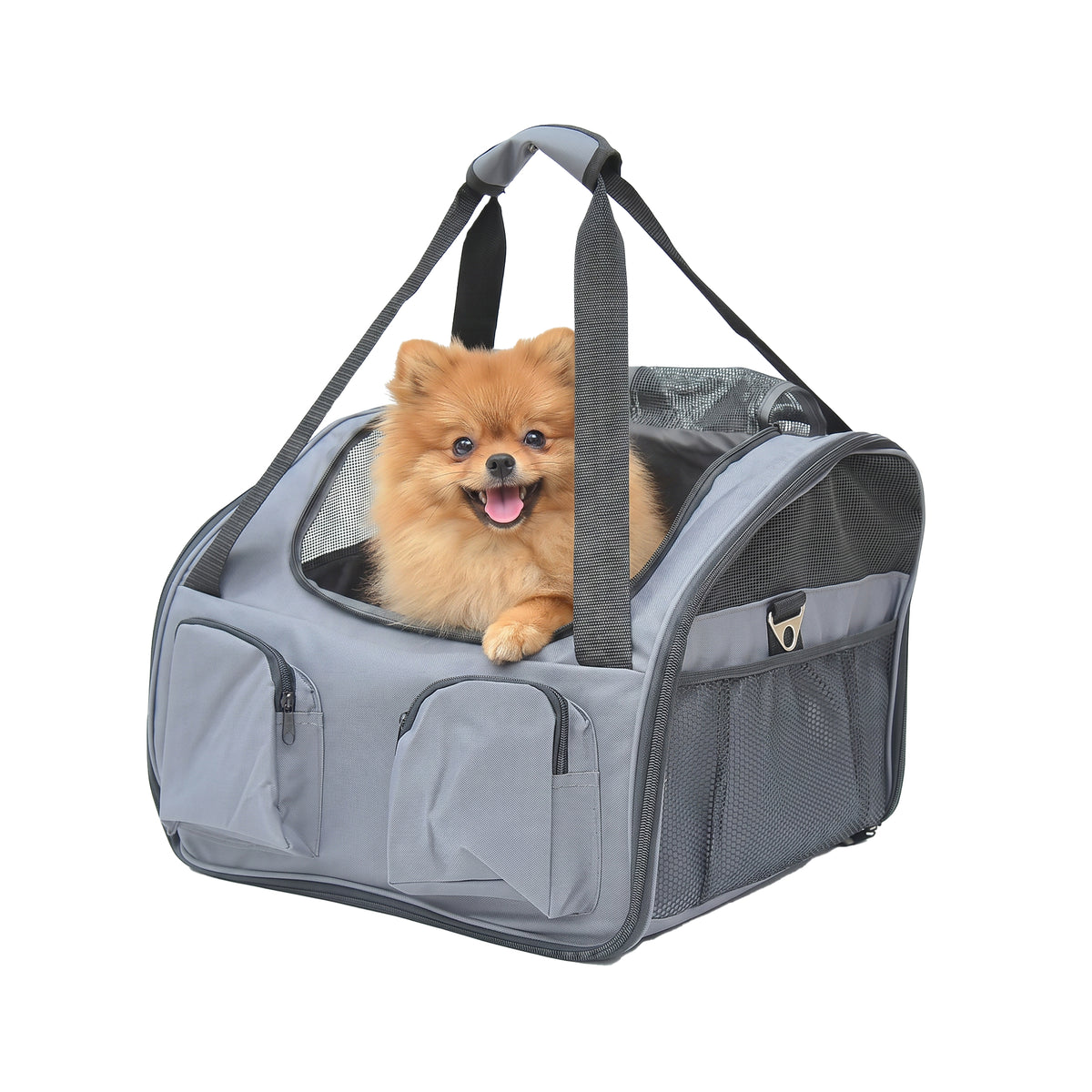 Grey soft-sided pet carrier with mesh panels and pockets, shown holding a small dog.