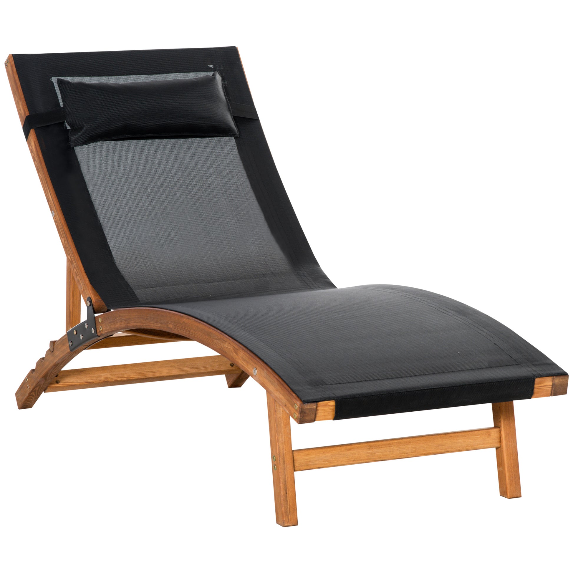 Photo of Outsunny Ergonomic Patio Lounge Chair Wooden Outdoor Chaise w/ 3 Adjustable Back and Removable Headrest Pillow for Garden Black in Black colour on a white background