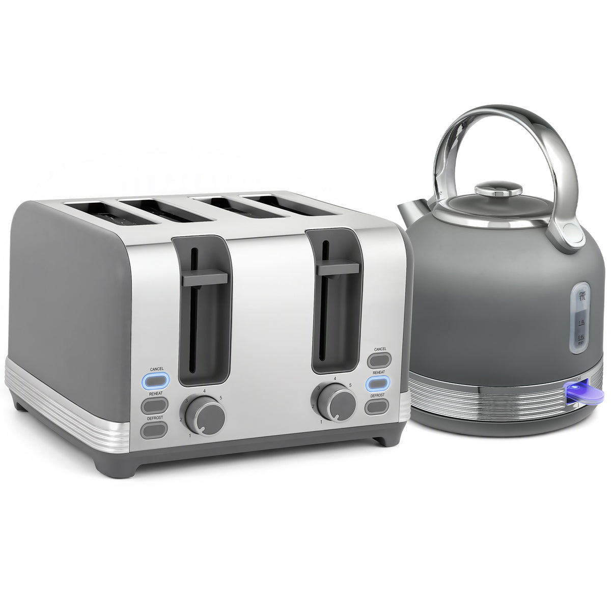 Photo of HOMCOM Stainless Steel Kettle and Toaster Set, 1.7L 3000W Cordless Fast Boil Kettle, 4 Slice Toaster Kitchen Set, Grey in Grey colour on a white background
