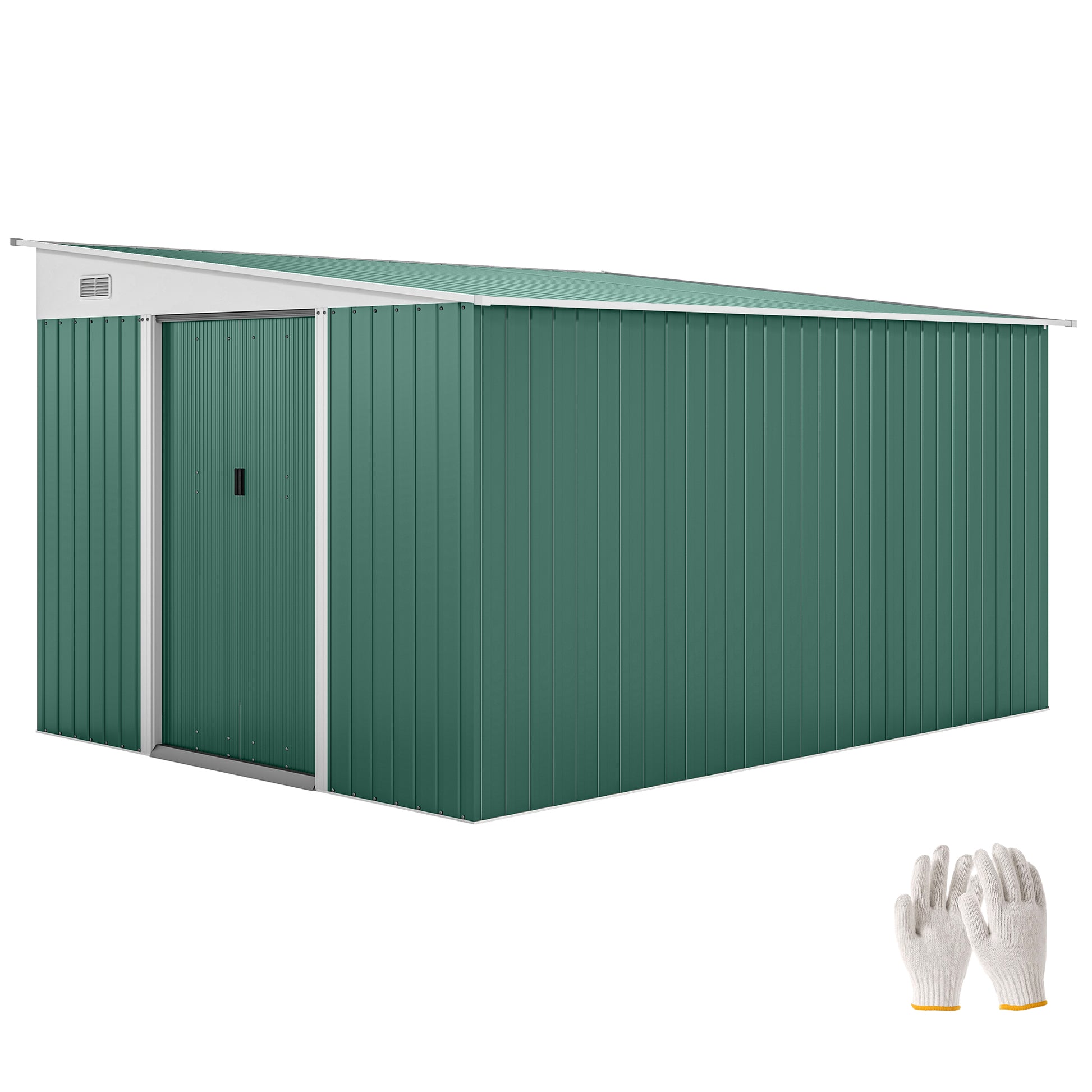 Photo of Outsunny Garden Metal Storage Shed Outdoor Metal Tool House with Double Sliding Doors and 2 Air Vents, 11.3x9.2ft, Green in Green colour on a white background