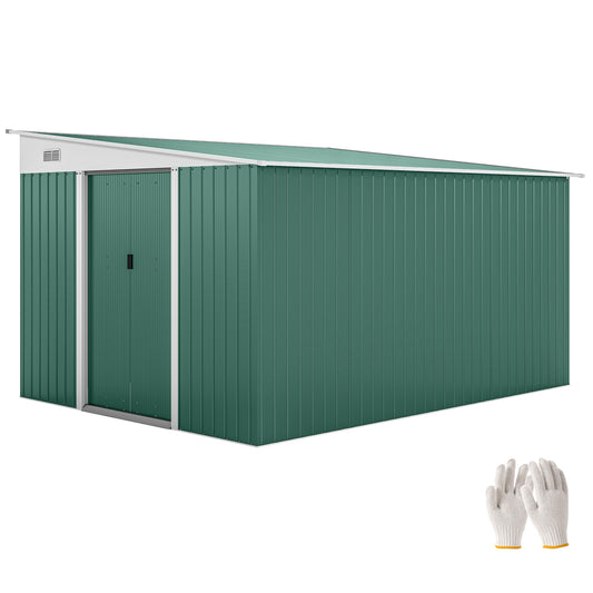 Photo of Outsunny Garden Metal Storage Shed Outdoor Metal Tool House with Double Sliding Doors and 2 Air Vents, 11.3x9.2ft, Green in Green colour on a white background