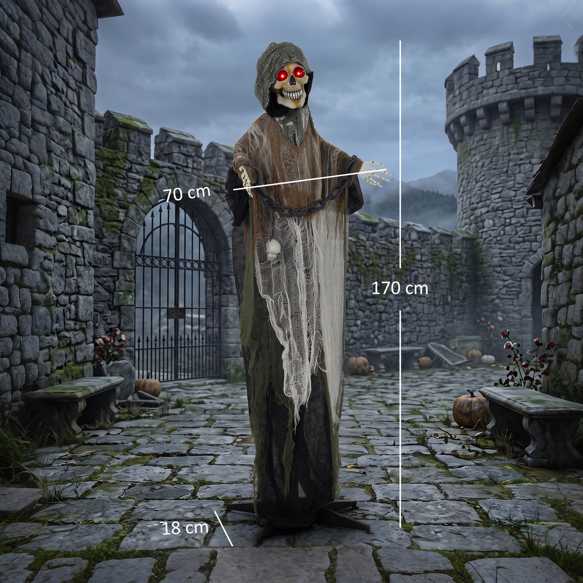 HOMCOM 170cm Animated Grim Reaper, Life-Size Halloween Animatronic with Moving Hands/Head, Glowing Eyes, Creepy Sound