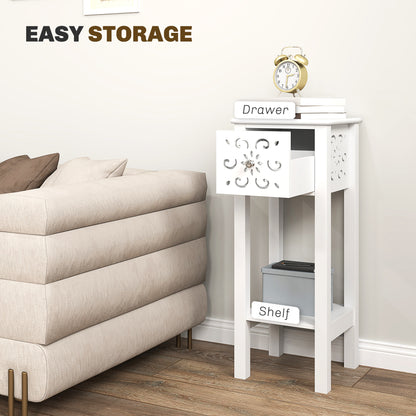White side table with floral cut-out drawer and lower storage shelf