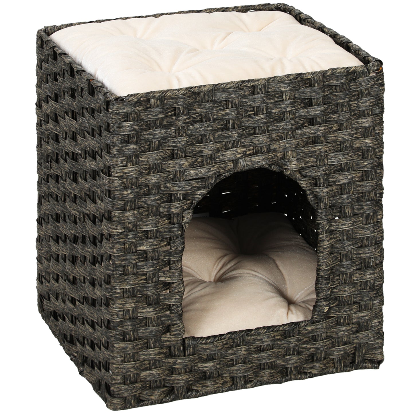 Photo of PawHut 2-Tier Wicker Cat House, Handwoven Rattan Cat Bed with Washable Cushions, Indoor Kitten Condo Hideaway in Hideaway colour on a white background