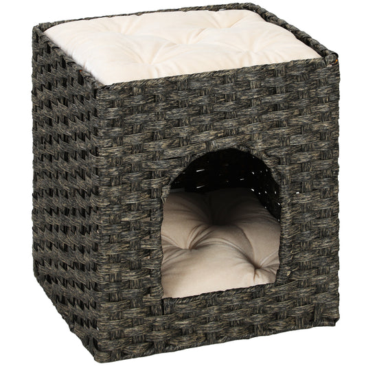 Photo of PawHut 2-Tier Wicker Cat House, Handwoven Rattan Cat Bed with Washable Cushions, Indoor Kitten Condo Hideaway in Hideaway colour on a white background