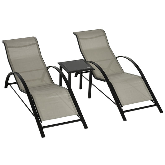 Photo of Outsunny 3 Pieces Sun Lounger Chair Set, Metal Frame Garden Outdoor Sunbathing Chair with Side Table and Armrest, Grey in Grey colour on a white background