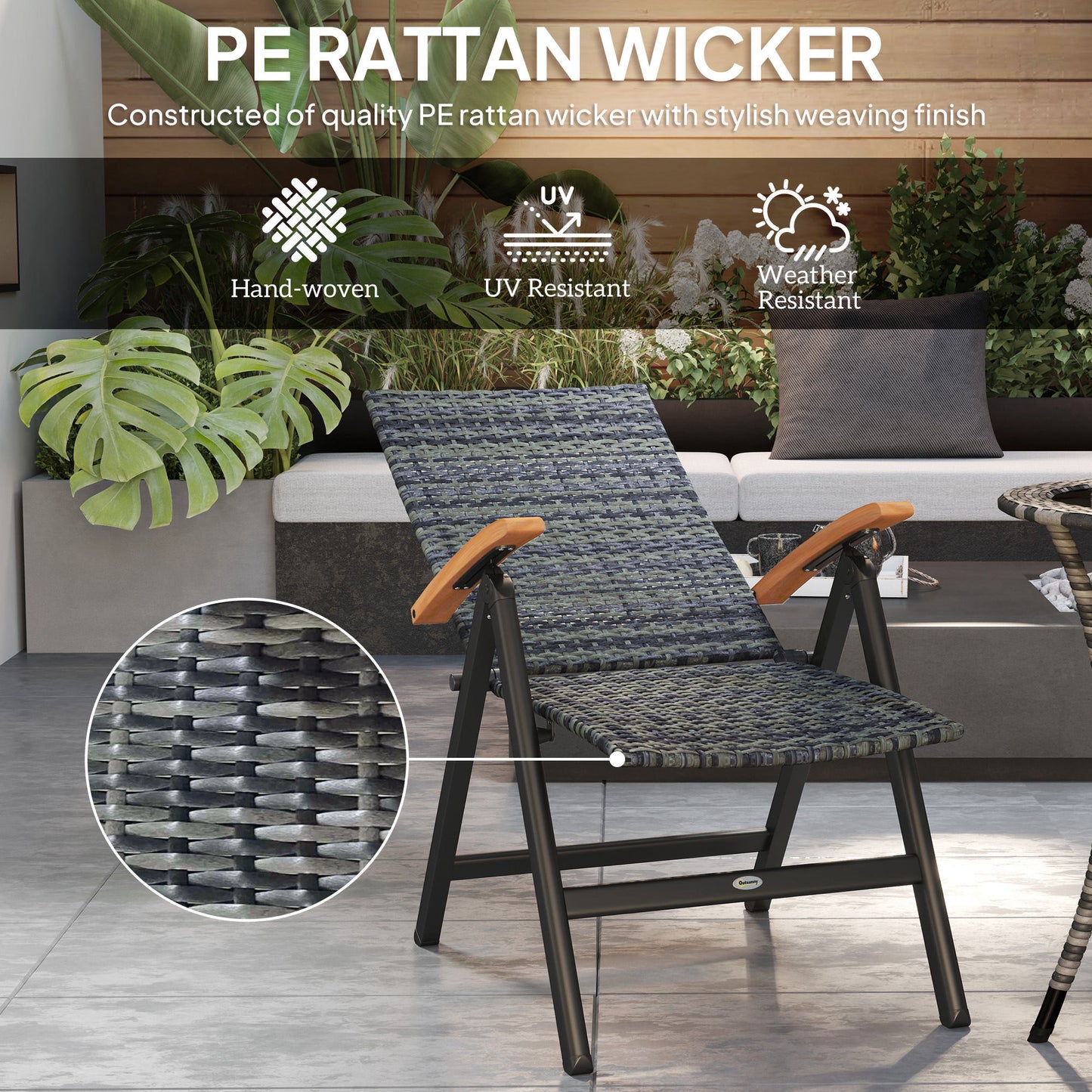 Outsunny Folding Rattan Garden Dining Chair with 5-level Reclining High Back, Wood Armrests for Outdoor, Patio - Mixed-grey