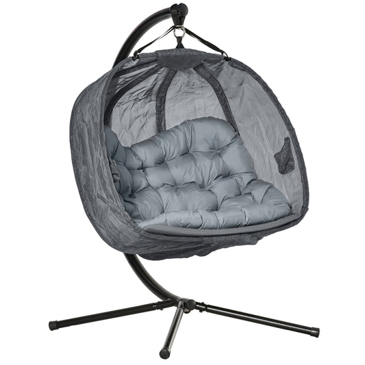 Photo of Outsunny Double Hanging Egg Chair 2 Seaters Texteline Swing Hammock Chair with Folding Design, Grey in Grey colour on a white background