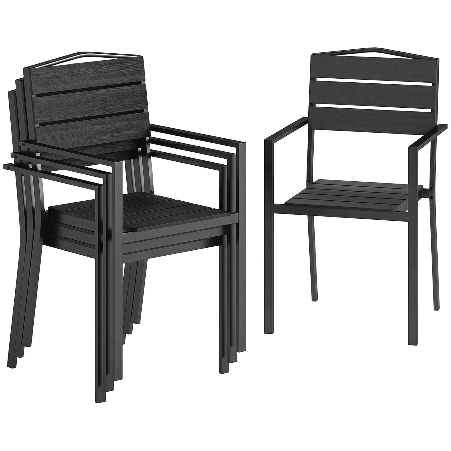 Photo of Outsunny Stackable Garden Chairs Set of 4, Garden Dining Chairs with Slatted HDPE Seat Back, Armrests, Metal Frame, Black in Black colour on a white background