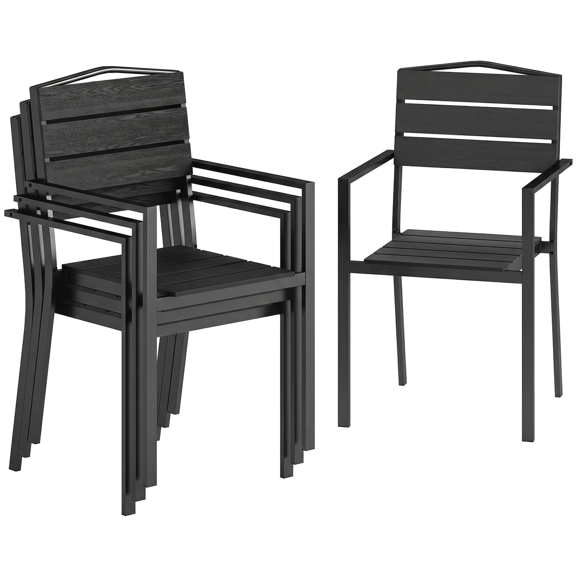 Photo of Outsunny Stackable Garden Chairs Set of 4, Garden Dining Chairs with Slatted HDPE Seat Back, Armrests, Metal Frame, Black in Black colour on a white background