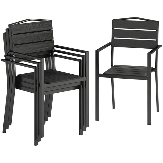 Photo of Outsunny Stackable Garden Chairs Set of 4, Garden Dining Chairs with Slatted HDPE Seat Back, Armrests, Metal Frame, Black in Black colour on a white background